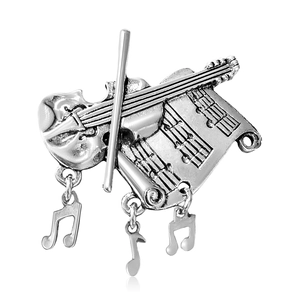 Vintage silver violin brooch with musical notes pendants and intricate engraved details
