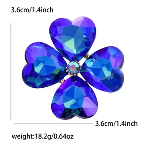 Elegant four-leaf clover crystal brooch in deep blue finish with dimensions and weight info
