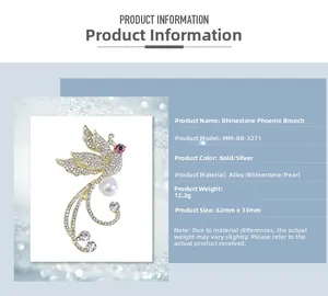 Détails de l'élégante broche phénix en strass montrant les dimensions 62 mm sur 33 mm