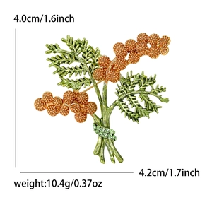 Elegant plant branch brooch with green leaves and yellow berries, size 4.0x4.2cm