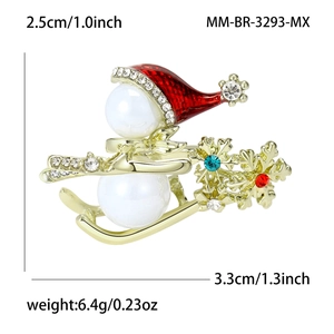 Christmas snowman brooch with white pearls and crystals on a gold skiing pin base