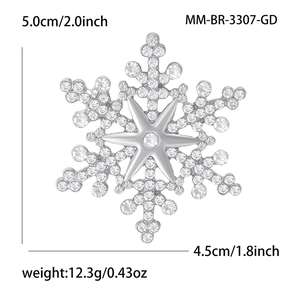 Sparkling snowflake brooch pin with rhinestones measuring 5.0cm x 4.5cm for women's coats