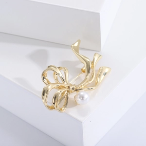 Eleganter goldener Schleifen-Brosche mit großer weißer Perle für Pullover und Anzüge