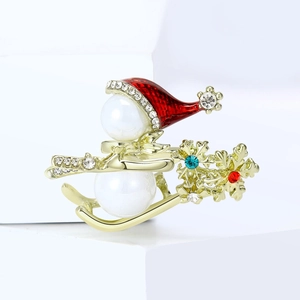 Christmas snowman skiing brooch pin with white pearls and sparkling zircons in gold finish