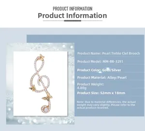 Detailed view of pearl music note brooch with exact dimensions 52mm by 18mm