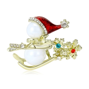 Christmas Snowman Skiing Brooch With Faux Artificial Pearl And Rhinestone Alloy Pin For Women Sweater Coat Jewelry Accessories Gift