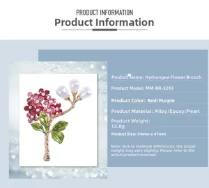 Detail view of colorful enamel hydrangea brooch with pearls showing 54mm by 47mm size