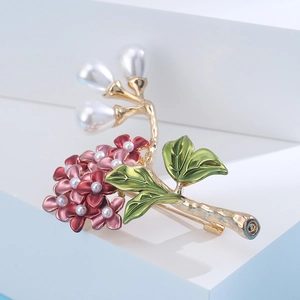 Elegant floral hydrangea brooch with red enamel petals and white pearl accents