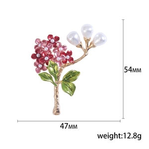 Elegant floral hydrangea brooch with enamel petals and drop pearls in gold finish