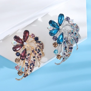 Detailed macro shot of luxury crystal flower brooches with colorful rhinestones