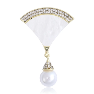 Elegante Brosche in Fächerform Aus Muschel Legierung Vergoldet Strass Künstliche Perle Anstecknadel Für Anzug Damen Hochzeit Schmuck