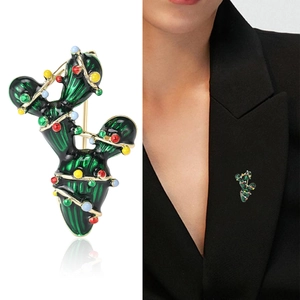 Creative cactus Christmas tree brooch with colorful ornaments on a golden frame