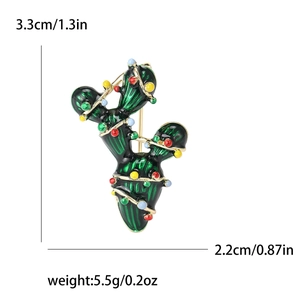 Creative Christmas cactus brooch with green enamel and colorful beads 3.3x2.2cm