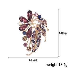 Elegant gold flower brooch with colorful rhinestones and crystals, 60mm length size