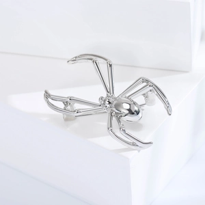 Detailed view of silver spider brooch with polished metal finish on white geometric display