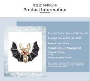 Detailed size specifications of the alloy bat brooch with black enamel inlay and dimensions