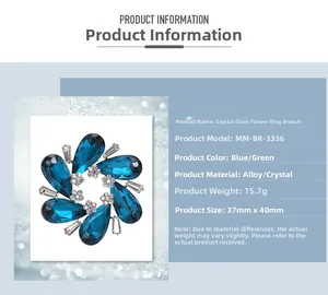 Detailed macro shot of blue crystal wreath brooch with alloy base and rhinestones
