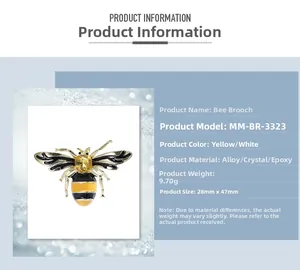 Detail view of the enamel bee brooch dimensions measuring 28mm by 47mm and weight specs
