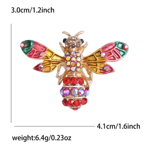 Vue détaillée de la broche abeille en strass colorés avec dimensions et poids