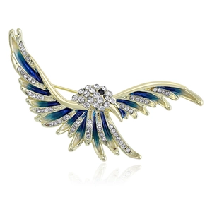 Élégante broche oiseau dorée avec ailes en dégradé bleu et cristaux pour costumes
