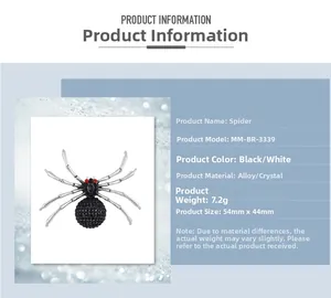 Vue détaillée d'une broche araignée en alliage avec strass noirs et dimensions précises