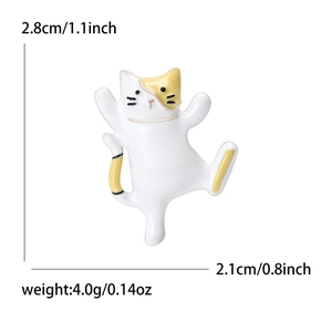 Cute white enamel dancing cat brooch with dimensions and weight in high quality detail