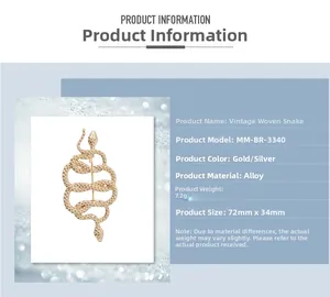 Detailed size chart for vintage intertwined snake brooch made of gold-toned alloy