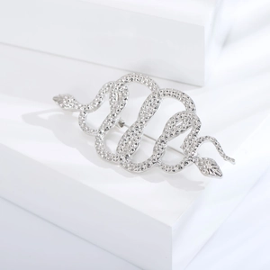 Detailed macro view of silver snake brooch featuring intricate scale textures on white steps