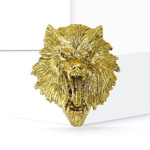 Vintage gold lion head brooch with intricate carved details for men suit and coat