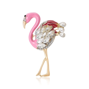 Ingelegde Strass Flamingo Broche Roze Emaille Goud Legering Dier Corsage Voor Vrouwen Mode Kleding Sieraden Accessoires