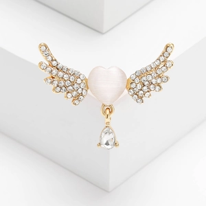 Elegant angel wing heart brooch with pink cat eye stone and hanging drop crystal