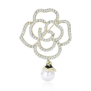 Broche Camélia Creuse en Alliage de Strass Élégante Avec Pendentif Künstliche Perle Pour Femmes Accessoires Bijoux Mariage Fête