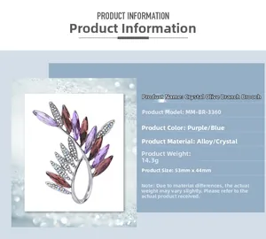 Detailed product specifications for the crystal olive branch brooch with sizing information