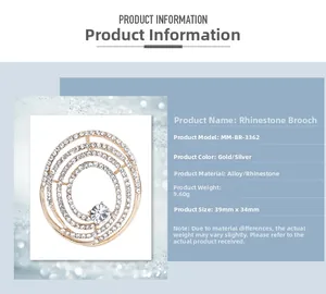 Spécifications de la broche spirale en strass, taille 39mm x 34mm, matériau en alliage
