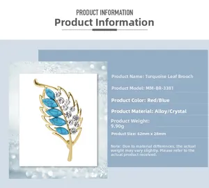 Detailed size specifications for turquoise leaf brooch with alloy and rhinestone finish