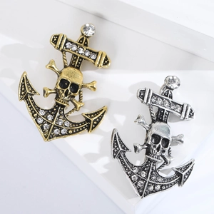 Vintage retro skull and anchor brooch with rhinestones in antique gold and silver finishes