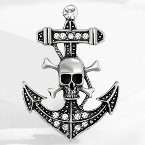 Vintage anchor brooch with skull motif and sparkling rhinestones for men suits