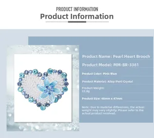 Detail view of pearl heart brooch with blue rhinestones and dimensions 48mm by 47mm
