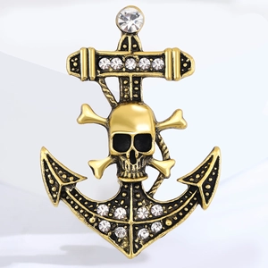 Vintage gold anchor and skull brooch with sparkling rhinestones for men