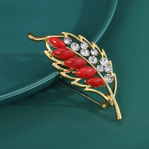 Golden leaf brooch with red turquoise and sparkling rhinestones for elegant scarves