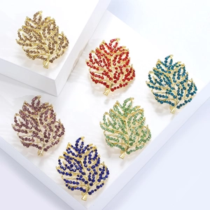 Set of six fashion leaf brooches with colorful rhinestones on gold plated metal base