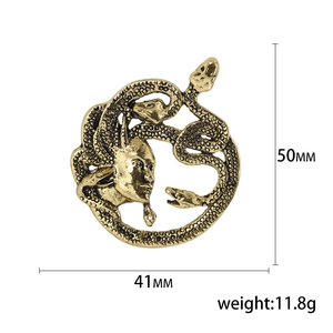Broche Méduse vintage en alliage doré rétro, dimensions 50mm x 41mm pour vêtements