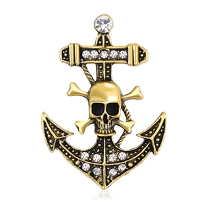 Vintage Alloy Anchor Skull Brooch With Rhinestones Antique Gold Silver Pirate Gothic Lapel Pin For Men Clothes Accessories