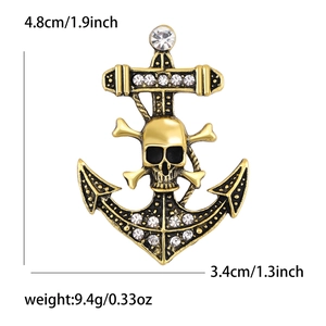 Vintage gold skull anchor brooch with rhinestones measuring 4.8cm height for men