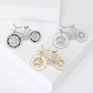 Vintage Bicycle Brooch Pin Alloy Rhinestone Inlaid Faux Artificial Pearl Enamel Shell Bike Lapel Pin Fashion Jewelry For Women Gift