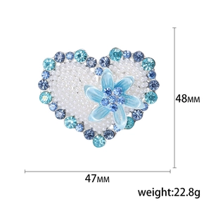 Elegant heart brooch with blue flower, pearls and rhinestones, size 47mm x 48mm