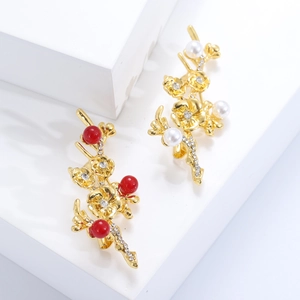 Elegant vintage plum blossom earrings with pearls and red beads in gold-tone alloy