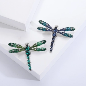 Elegant enamel dragonfly brooch with colorful crystals and alloy wings in green and blue