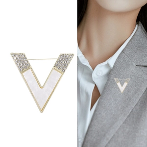 Elegant gold letter V brooch with sparkling rhinestones and white inlay for suits