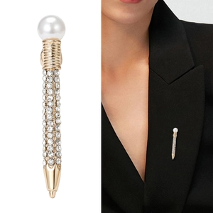 Creative gold pen brooch with pearl and rhinestones for suits, shown on white and model